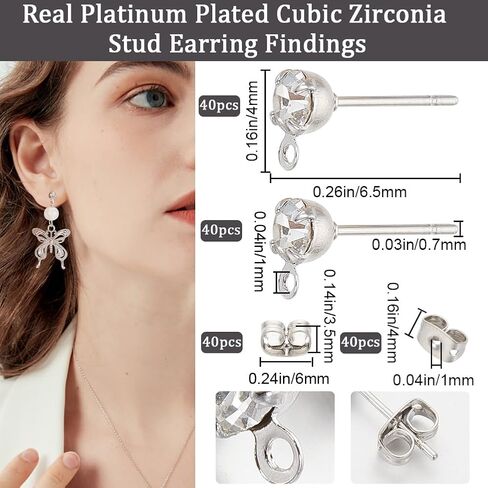 Beebeecraft 1 Box 40Pcs Stud Earring Findings Platinum Plated Cubic Zirconia Post Studs Earrings with Loop and 40Pcs Butterfly Earring Backs for DIY Earring Jewellery Making in Saudi Arabia