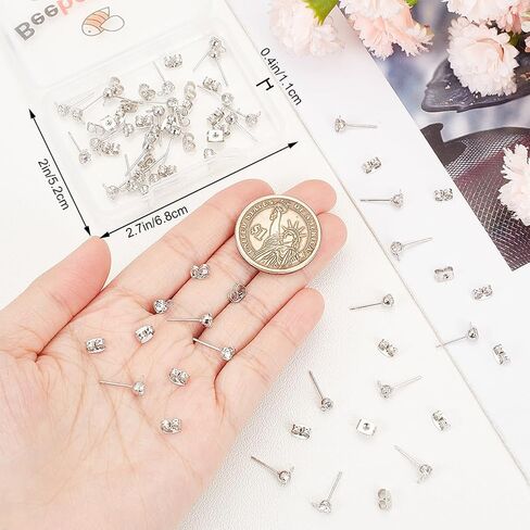 Beebeecraft 1 Box 40Pcs Stud Earring Findings Platinum Plated Cubic Zirconia Post Studs Earrings with Loop and 40Pcs Butterfly Earring Backs for DIY Earring Jewellery Making in Saudi Arabia