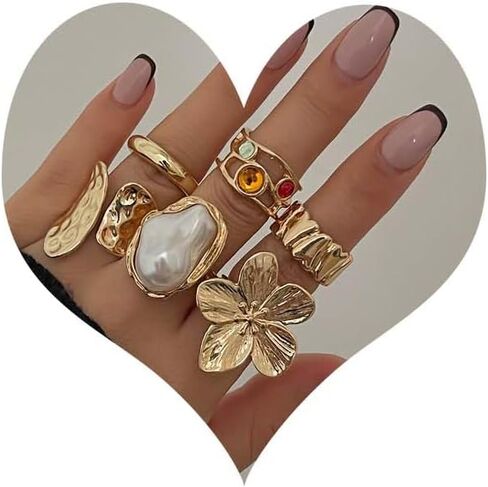 Gemstone Ring Set for Women Gold Ring Trendy Adjustable Stackable Statement Chunky Ring in Kuwait