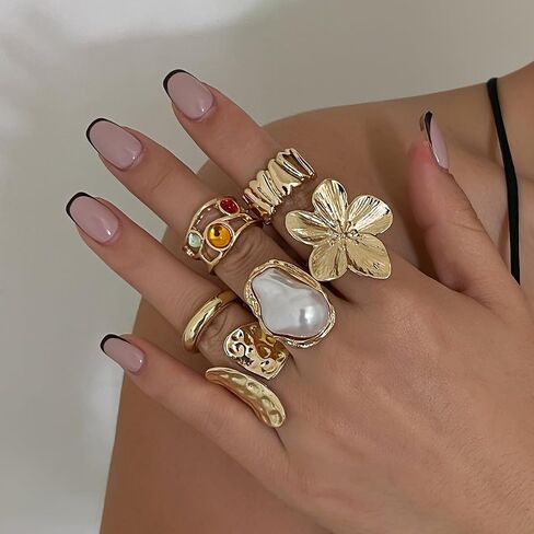 Gemstone Ring Set for Women Gold Ring Trendy Adjustable Stackable Statement Chunky Ring in Kuwait