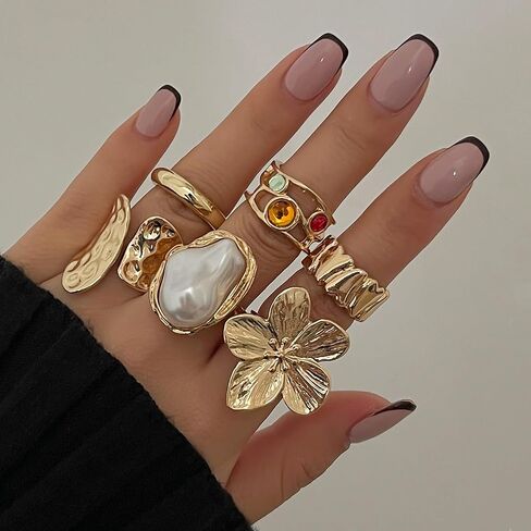 Gemstone Ring Set for Women Gold Ring Trendy Adjustable Stackable Statement Chunky Ring in Kuwait