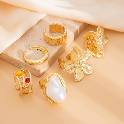 Gemstone Ring Set for Women Gold Ring Trendy Adjustable Stackable Statement Chunky Ring in Kuwait