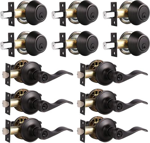 6 Sets-Front Door Entry Lever and Single Cylinder Deadbolts Combination Set, Keyed Alike Interior and Exterior Hardware, Oil Rubbed Bronze Door Handlesets, Combo Pack, Drop/Wave Shape Lockset Leverset in Saudi Arabia