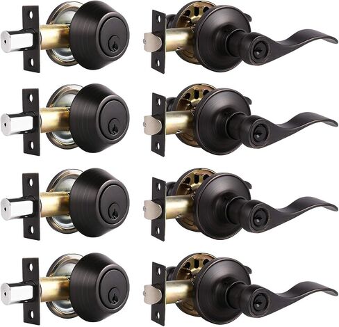 6 Sets-Front Door Entry Lever and Single Cylinder Deadbolts Combination Set, Keyed Alike Interior and Exterior Hardware, Oil Rubbed Bronze Door Handlesets, Combo Pack, Drop/Wave Shape Lockset Leverset in Saudi Arabia
