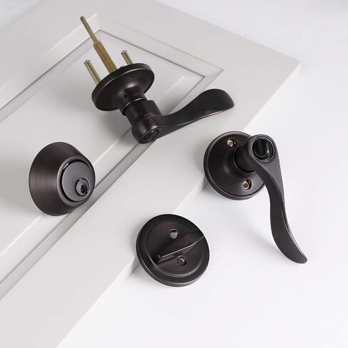 6 Sets-Front Door Entry Lever and Single Cylinder Deadbolts Combination Set, Keyed Alike Interior and Exterior Hardware, Oil Rubbed Bronze Door Handlesets, Combo Pack, Drop/Wave Shape Lockset Leverset in Saudi Arabia