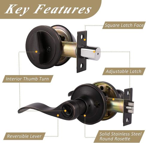 6 Sets-Front Door Entry Lever and Single Cylinder Deadbolts Combination Set, Keyed Alike Interior and Exterior Hardware, Oil Rubbed Bronze Door Handlesets, Combo Pack, Drop/Wave Shape Lockset Leverset in Saudi Arabia