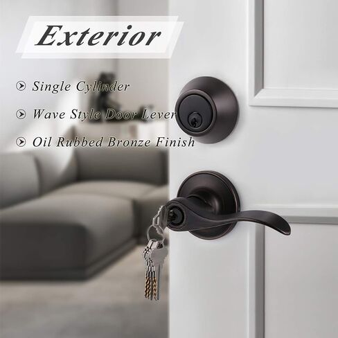 6 Sets-Front Door Entry Lever and Single Cylinder Deadbolts Combination Set, Keyed Alike Interior and Exterior Hardware, Oil Rubbed Bronze Door Handlesets, Combo Pack, Drop/Wave Shape Lockset Leverset in Saudi Arabia