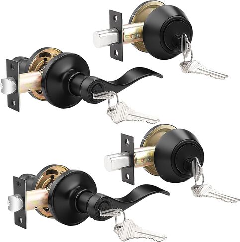 6 Sets-Front Door Entry Lever and Single Cylinder Deadbolts Combination Set, Keyed Alike Interior and Exterior Hardware, Oil Rubbed Bronze Door Handlesets, Combo Pack, Drop/Wave Shape Lockset Leverset in Saudi Arabia