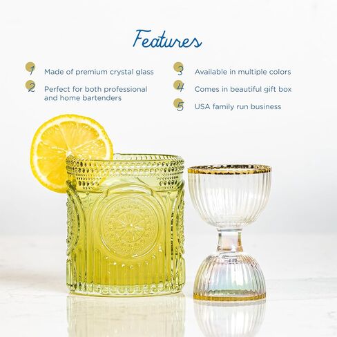 Crystal Bell Cocktail قياس Jigger لـ Bartending - من جانب مزدوج 1 أوقية و 2 أونصة قياس مشروب زجاجي للكوكتيلات مع تعبئة الهدايا الفاخرة - ضرورية بارز في المنزل (حافة الذهب) in Saudi Arabia