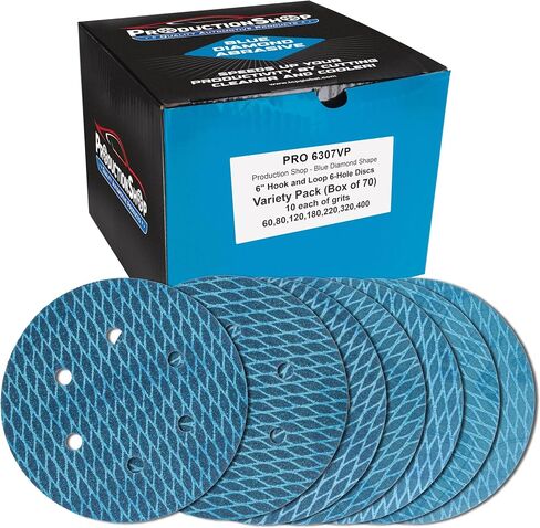 Premium 6" Rhombus Diamond Shape Blue Sanding Discs, 6-Hole, 70 Disc Variety Pack, Grits 60, 80, 120, 150, 180, 220, 320, 400 - Hook & Loop Sandpaper, Random Orbital Sanders, Metal Wood in Saudi Arabia