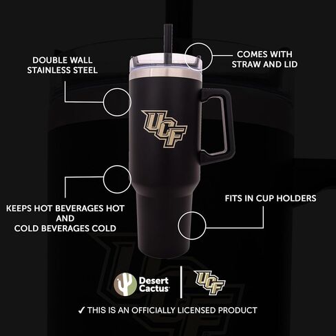 Desert Cactus UCF University of Central Florida Knights كبير معزول من الفولاذ المقاوم للصدأ مقبض الغطاء القابل لإعادة الاستخدام مزدوج الكوب المسورة الساخنة بالليزر المحفور (40 أوقية أونصة تومل) in Saudi Arabia