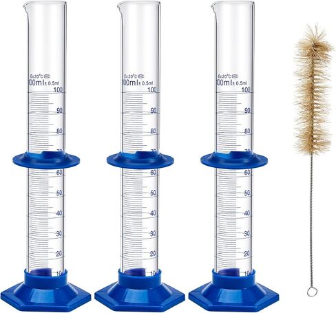 3 Pack 100 ml Graduated Cylinder, Clear Measuring Cylinder Set, Borosilicate 3.3 Glass with Plastic Base and Cylinder Brush, for Liquid Lab Shool in Kuwait