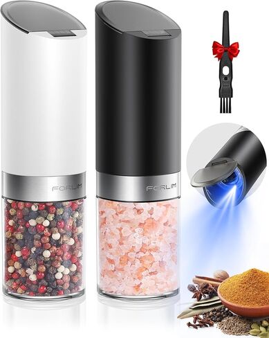 FORLIM Salt and pepper grinder set with integrated dust cover, gravity-operated USB rechargeable pepper mill, adjustable coarseness, portable and suitable for travel and outdoor BBQ (White & Black) in Saudi Arabia