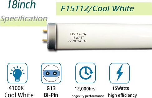 2pack F15T12-CW Cool White 15Watt Fluorescent Light Bulb,18inch 4100K Straight Linear Preheat Lamp,T12 Tube 1.5'' Dia Replacement for Kitchen and Bath in Saudi Arabia