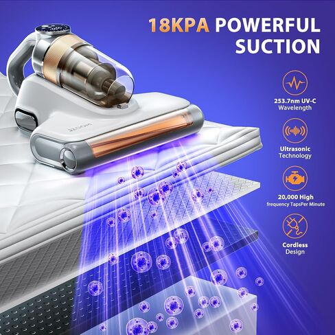 Bed Vacuum Cleaner Cordless, 18Kpa Mattress Vacuum Cleaner with 253.7nm UV-C Light, Ultrasonic Technology & HEPA Filter for Bed, Sofa, Couch, Crib in Saudi Arabia