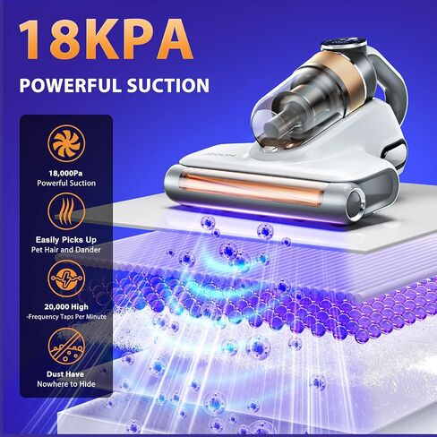 Bed Vacuum Cleaner Cordless, 18Kpa Mattress Vacuum Cleaner with 253.7nm UV-C Light, Ultrasonic Technology & HEPA Filter for Bed, Sofa, Couch, Crib in Saudi Arabia