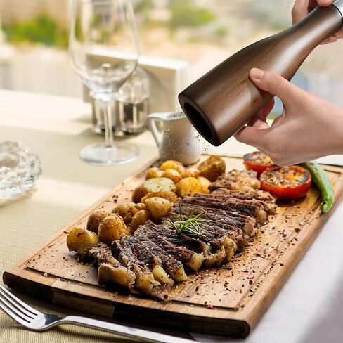 طاحونة خشبية من خشب الزان الصلبة ومطاحن الخشب 5pc-9.25 بوصة مع صينية وملاعق ، نواة خزفية قابلة للتعديل ، قابلة لإعادة التعبئة+قاعدة غير قابلة للانزلاق للمستعملة والمطبخ ومطاولة الطعام in Saudi Arabia