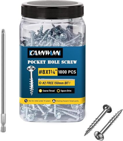 600Pcs #8 x 1-1/4 Inch Pocket Hole Screws, Interior Pocket Screw, Zinc Coated, Coarse Thread, Square Drive Washer Head, 150MM Drive Bit Included. in Kuwait