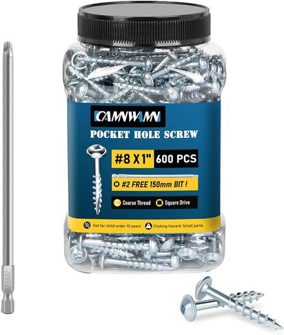 600Pcs #8 x 1-1/4 Inch Pocket Hole Screws, Interior Pocket Screw, Zinc Coated, Coarse Thread, Square Drive Washer Head, 150MM Drive Bit Included. in Kuwait
