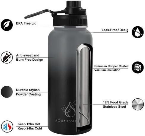 Vacuum Insulated Stainless Steel Water Bottle 32 oz With Wide Mouth And Bounce Lid BPA Free 24 Hours Cold And 12 Hours Hot (Ombre: Grey/Black) in Saudi Arabia