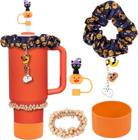 Halloween Stanley Cup Accessories Set: Includes 40oz and 30oz Halloween Straw Toppers, Orange Boot Protectors, Pumkin Charm and All Stanley Tumbler Essentials for Ultimate Convenience in Saudi Arabia