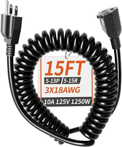 18/3 Gauge Black ملفوفة سلك 15 قدمًا مقاومًا للماء ، مثبطات اللهب ، مرنة 3 سلك دوامة ملفوفة لشيكات البليت الكهربائية ، 10A 1250W 18AWG ، ETL المدرجة in Kuwait