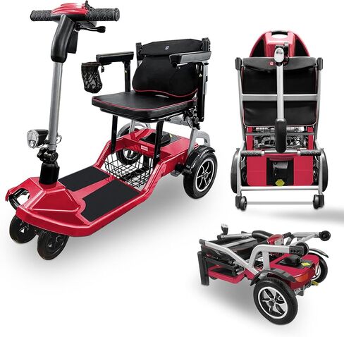 الدراجات البخارية R3B-Mobility لكبار السن البالغين فائقة الوزن خفيفة الوزن طاقة طي طية 4 درجات حرارة العجلات مع حامل كأس المصباح ، ومضغوط ومريح للموافقة على طيران السفر ، الأحمر ، الأحمر in Kuwait