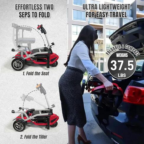 الدراجات البخارية R3B-Mobility لكبار السن البالغين فائقة الوزن خفيفة الوزن طاقة طي طية 4 درجات حرارة العجلات مع حامل كأس المصباح ، ومضغوط ومريح للموافقة على طيران السفر ، الأحمر ، الأحمر in Kuwait