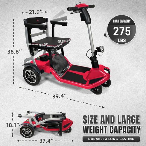 الدراجات البخارية R3B-Mobility لكبار السن البالغين فائقة الوزن خفيفة الوزن طاقة طي طية 4 درجات حرارة العجلات مع حامل كأس المصباح ، ومضغوط ومريح للموافقة على طيران السفر ، الأحمر ، الأحمر in Kuwait