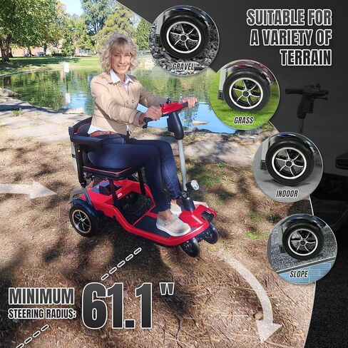 الدراجات البخارية R3B-Mobility لكبار السن البالغين فائقة الوزن خفيفة الوزن طاقة طي طية 4 درجات حرارة العجلات مع حامل كأس المصباح ، ومضغوط ومريح للموافقة على طيران السفر ، الأحمر ، الأحمر in Kuwait