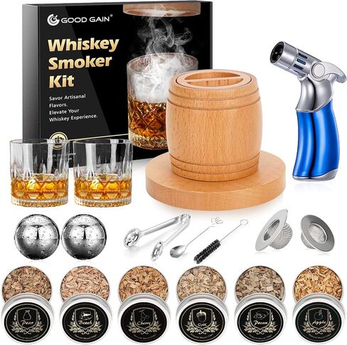 G GOOD GAIN Whiskey Smoker Kit with Torch - Old Fashioned Cocktail Smoker Kit with 6 Flavors Wood Chips | Drink Bourbon Infuser Set with 4 Stainless Steel Ice Stone for Men, Dad (No Fuel Included) in Saudi Arabia