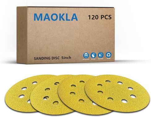 135 PCS 5 Inch Sanding Discs, 8 Hole, Hook and Loop, 40-400 Grit, Gold, for Random Orbital Sander in Kuwait