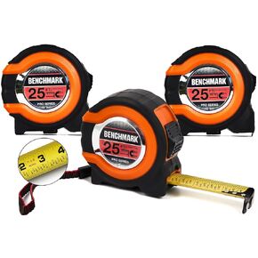 Benchmark - 3 Pack - 25 ft Tape Measures - Easy to Read Fractions to 1/8th inch - Magnetic Tip - Thumb and Quick Lock - Autowind - Belt Clip - Orange/Red in Kuwait