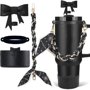 Stanley Cup Accessories Set, Bow Straw Toppers, Water Bottle Handle Strap, Straw Cover Boots for Stanley, Silicone Straw Toppers for Tumblers, Bow Cup Accessories for 20&30&40Oz (Black) in Kuwait