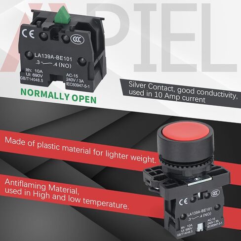 APIELE 2PCS 22MM Momentary Push Button Switch Red Green 10A 600V Plastic Material (1NO+1NC) in Kuwait