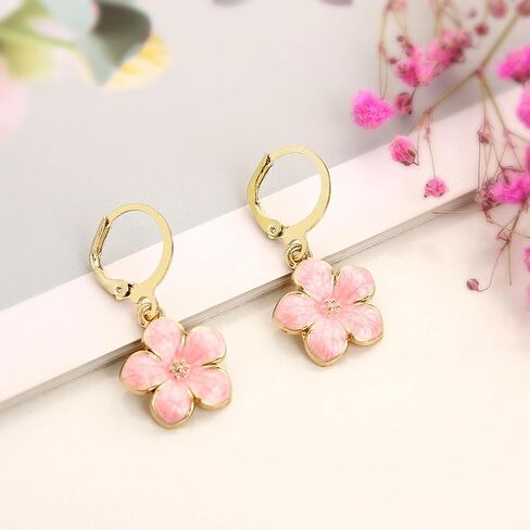 Cute Sakura Flower Hoop Earrings for Women, Sweet Stunning Enamel Cherry Blossom Drop Dangle Earrings Trendy 14K Gold Beauty Aesthetic Jewelry Gifts in Saudi Arabia