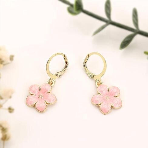 Cute Sakura Flower Hoop Earrings for Women, Sweet Stunning Enamel Cherry Blossom Drop Dangle Earrings Trendy 14K Gold Beauty Aesthetic Jewelry Gifts in Saudi Arabia