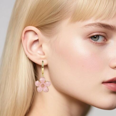 Cute Sakura Flower Hoop Earrings for Women, Sweet Stunning Enamel Cherry Blossom Drop Dangle Earrings Trendy 14K Gold Beauty Aesthetic Jewelry Gifts in Saudi Arabia