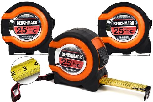 Benchmark - 3 Pack - 25 ft Tape Measures - Easy to Read Fractions to 1/8th inch - Magnetic Tip - Thumb and Quick Lock - Autowind - Belt Clip - Orange/Red in Kuwait