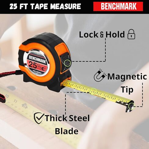 Benchmark - 3 Pack - 25 ft Tape Measures - Easy to Read Fractions to 1/8th inch - Magnetic Tip - Thumb and Quick Lock - Autowind - Belt Clip - Orange/Red in Kuwait