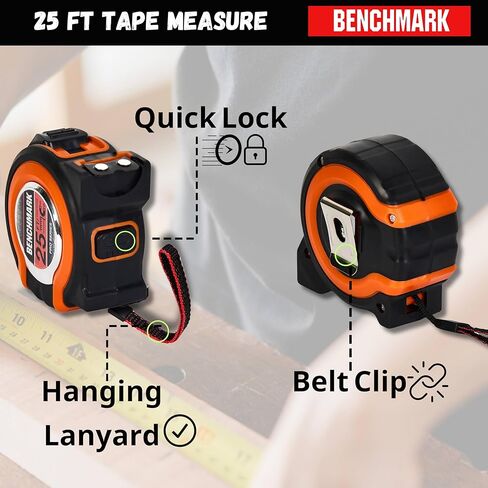 Benchmark - 3 Pack - 25 ft Tape Measures - Easy to Read Fractions to 1/8th inch - Magnetic Tip - Thumb and Quick Lock - Autowind - Belt Clip - Orange/Red in Kuwait