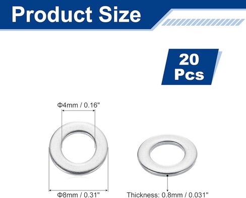 UXCELL 20 PCS M4 مسطح غسالة ، 4 × 8 × 0.8 مم 304 فواصل مسطحة من الفولاذ المقاوم للصدأ للمسمار ، الترباس ، السيارات ، الآلات الصناعية in Saudi Arabia