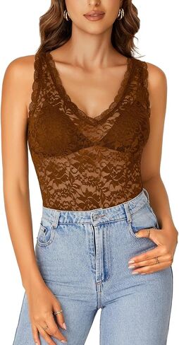 Rooscier Women's Floral Lace Scallop V Neck Sleeveless Sheer Tank Cami Top Blouse in Saudi Arabia