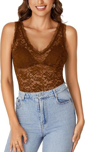 Rooscier Women's Floral Lace Scallop V Neck Sleeveless Sheer Tank Cami Top Blouse in Saudi Arabia