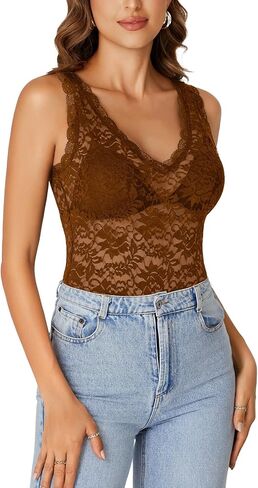 Rooscier Women's Floral Lace Scallop V Neck Sleeveless Sheer Tank Cami Top Blouse in Saudi Arabia