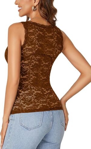 Rooscier Women's Floral Lace Scallop V Neck Sleeveless Sheer Tank Cami Top Blouse in Saudi Arabia