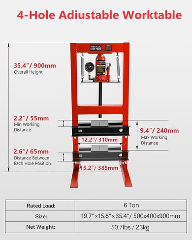 6 Ton Hydraulic Shop Press, H-Frame Bearing/U-Joint Press with Adjustable Height (2.2"-9.4"), Stamping Plates for Metal Bending, Straightening, Automotive Repair & Garage Use in Kuwait