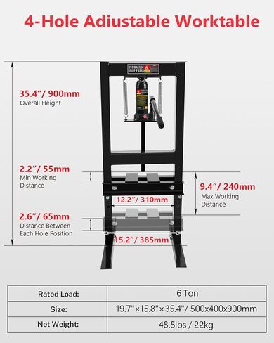 6 Ton Hydraulic Shop Press, H-Frame Bearing/U-Joint Press with Adjustable Height (2.2"-9.4"), Stamping Plates for Metal Bending, Straightening, Automotive Repair & Garage Use in Kuwait