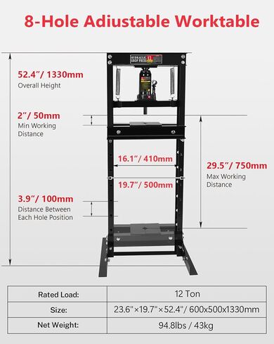 6 Ton Hydraulic Shop Press, H-Frame Bearing/U-Joint Press with Adjustable Height (2.2"-9.4"), Stamping Plates for Metal Bending, Straightening, Automotive Repair & Garage Use in Kuwait