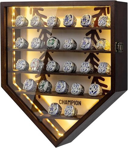 Championship Ring Display Case Display 25pcs Rings,Baseball Ring Display Case with LED Light,Champion Ring Display Case,Wall Mount Wooden Shadow Box for Multiple Ring,Champion Ring Display Case in Saudi Arabia